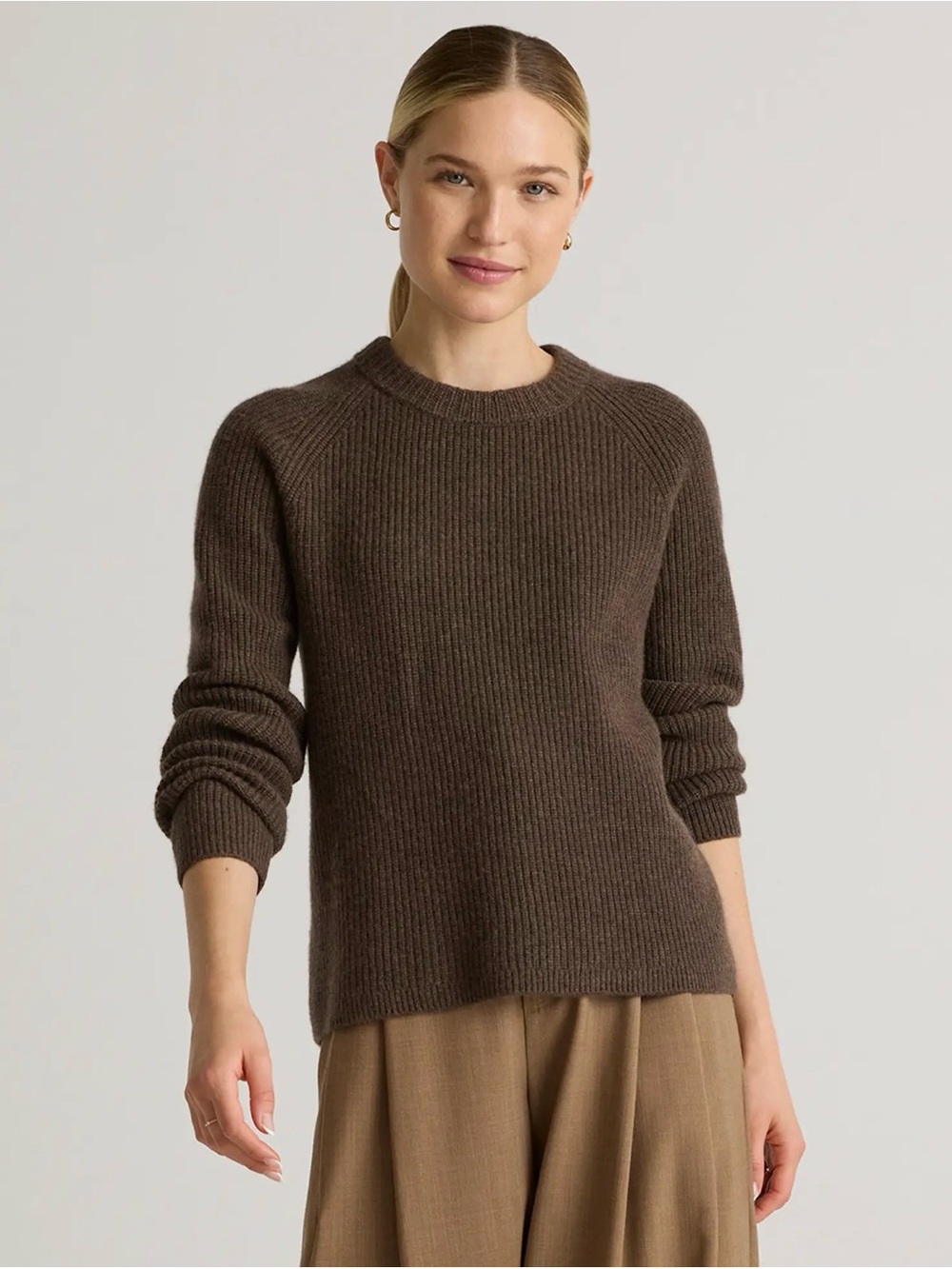 Quince Women XS Mongolian Cashmere Fisherman Crewneck Sweater Brown Taupe Ribbed